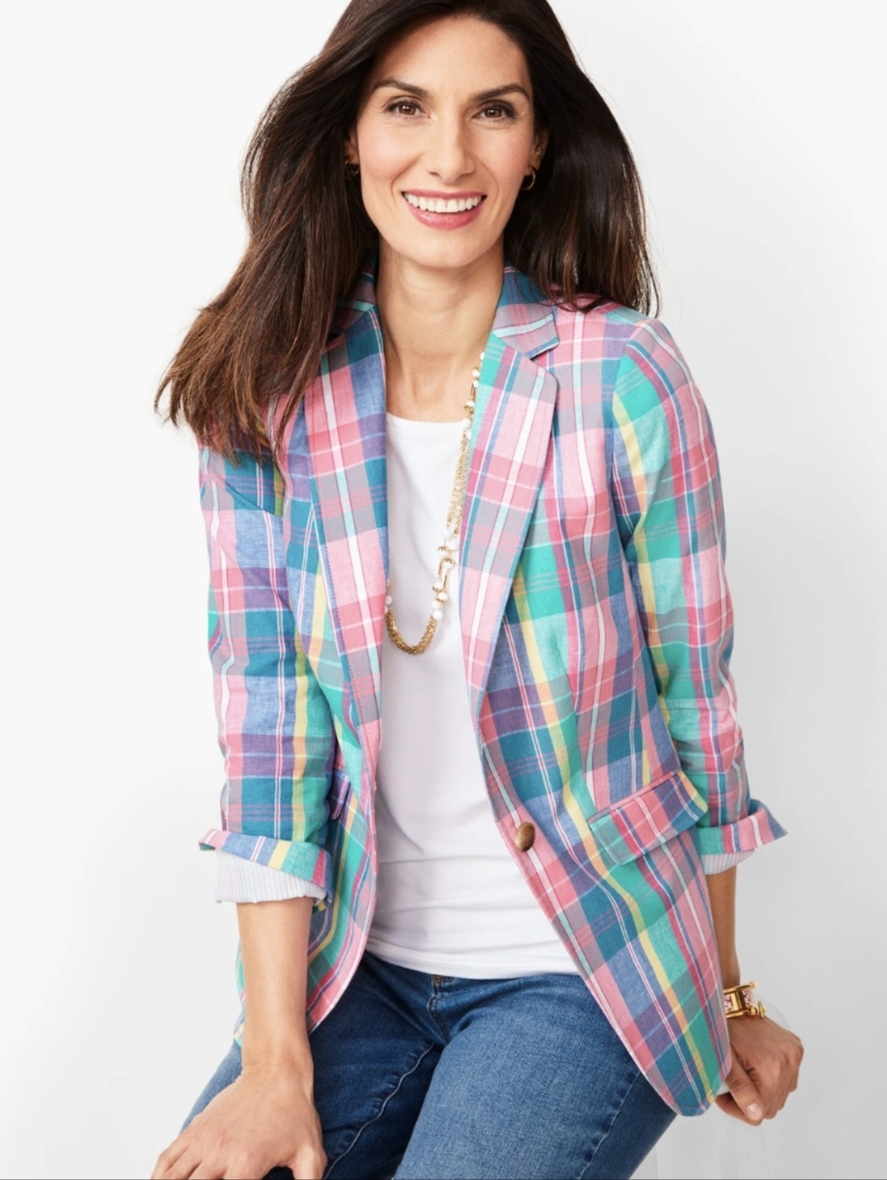 Talbots Pink Blue Green Plaid Blazer